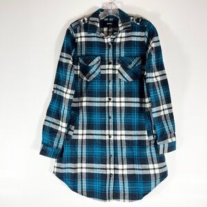 INSO Flannel Plaid Blue/Black/White Tunic Shirt Dress With Pockets Women’s M NWT